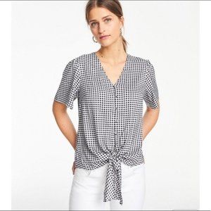 Ann Taylor Black/White Checked Front Tie Petite Small Top